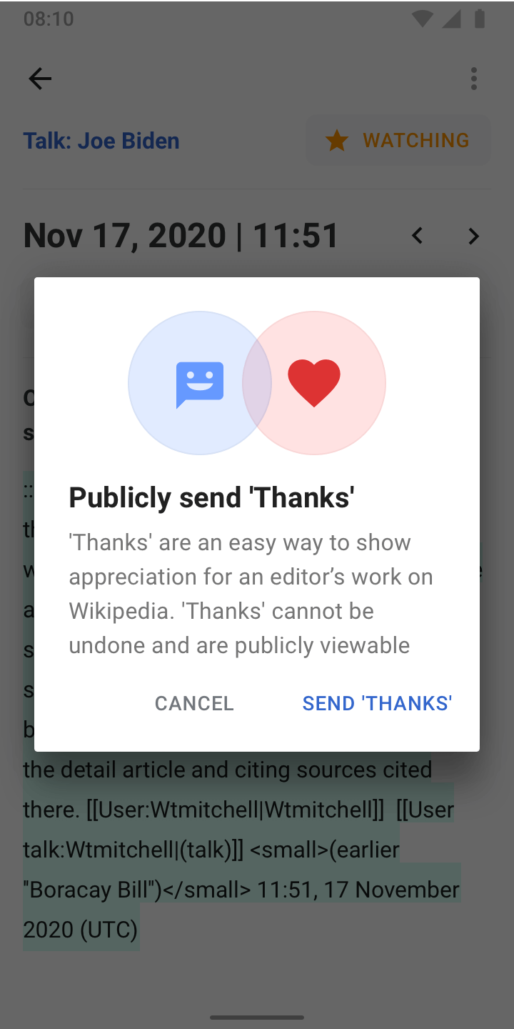 Wikipedia for Android app: 'Thanks' interaction.
